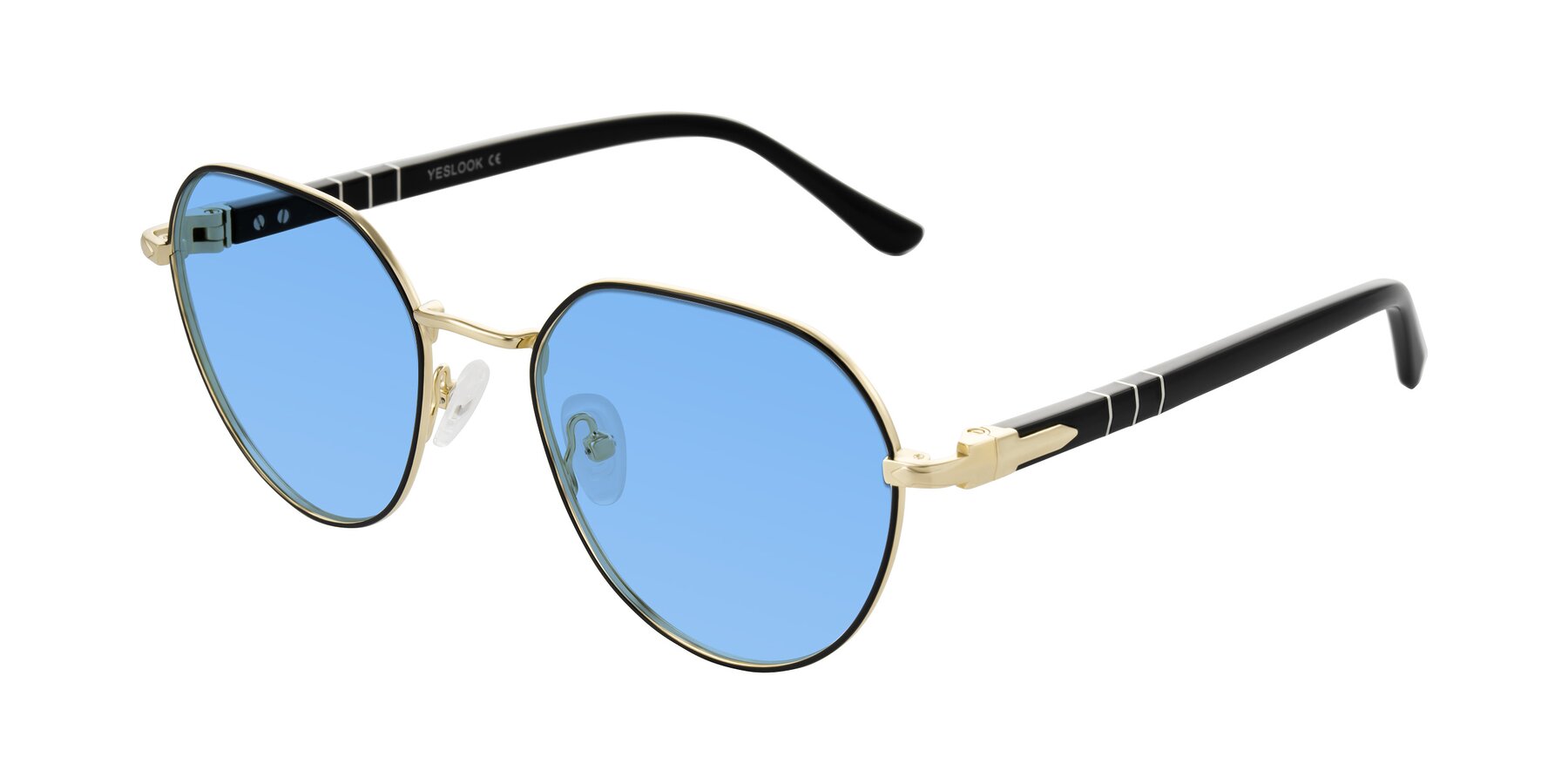 Angle of Qeenah in Black/Gold with Medium Blue Tinted Lenses