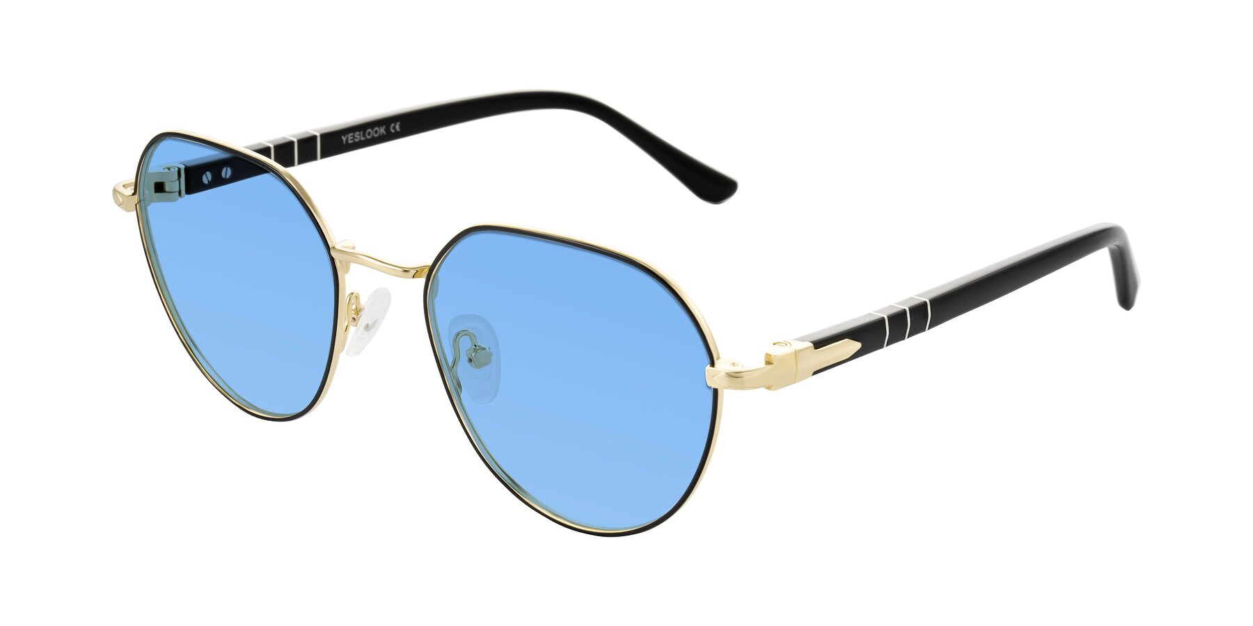 Angle of Qeenah in Black/Gold with Medium Blue Tinted Lenses