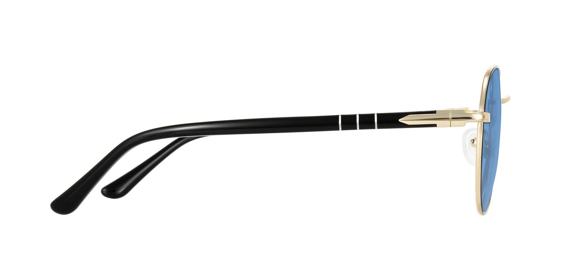 Side of Qeenah in Black/Gold with Medium Blue Tinted Lenses