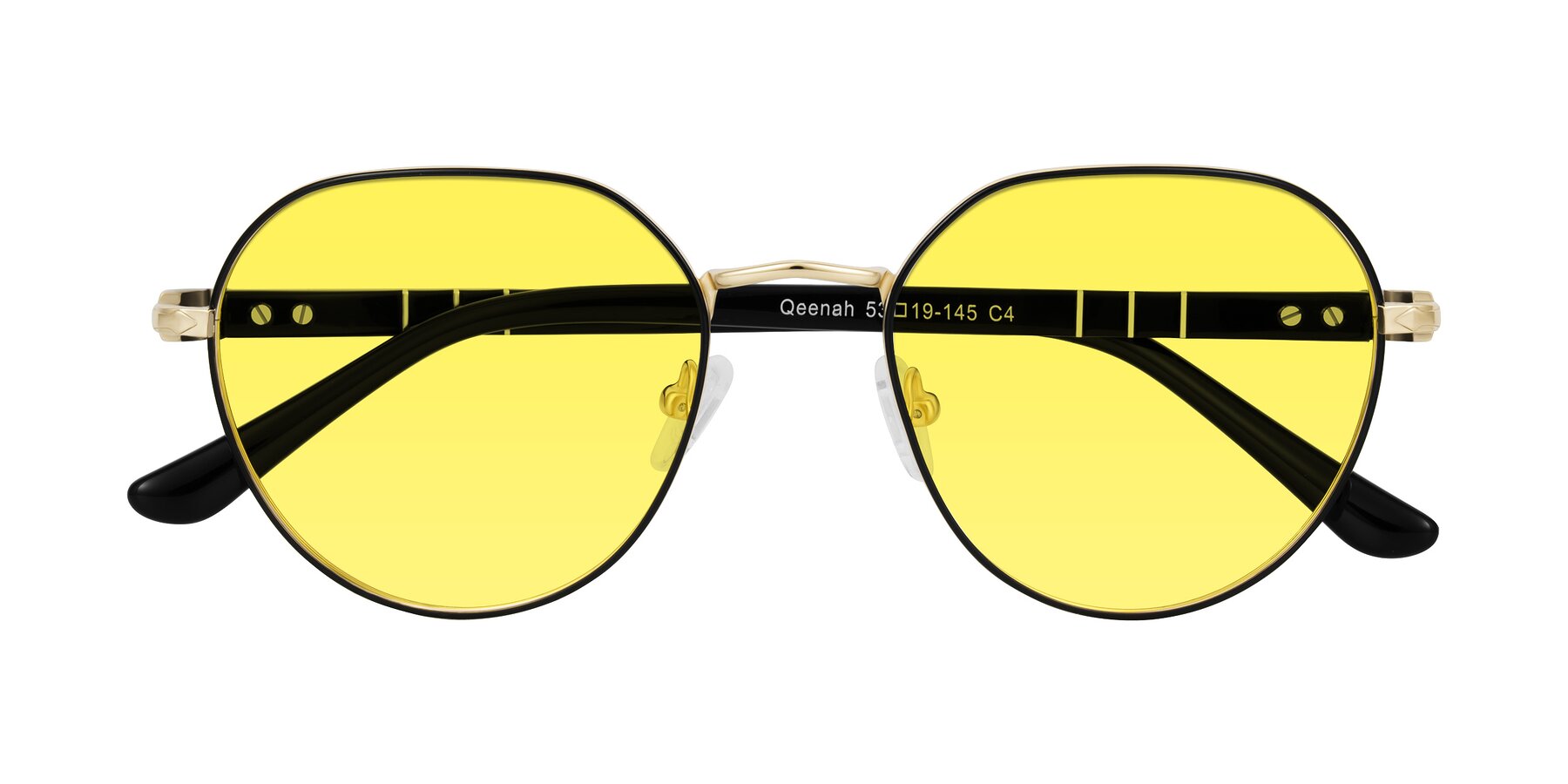 Folded Front of Qeenah in Black/Gold with Medium Yellow Tinted Lenses