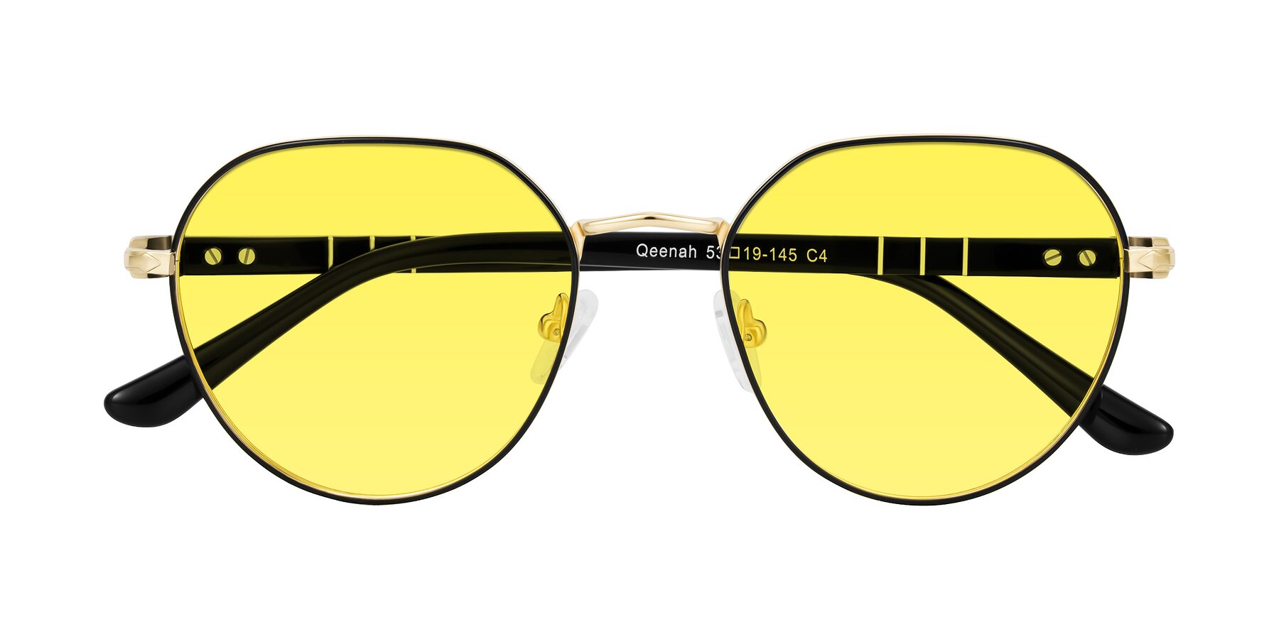 Folded Front of Qeenah in Black/Gold with Medium Yellow Tinted Lenses