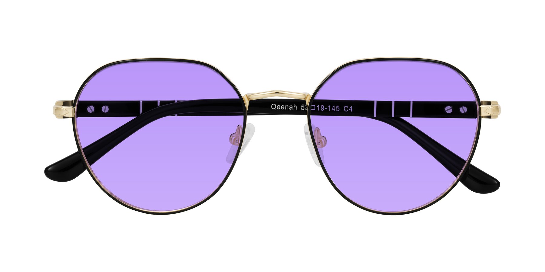 Folded Front of Qeenah in Black/Gold with Medium Purple Tinted Lenses