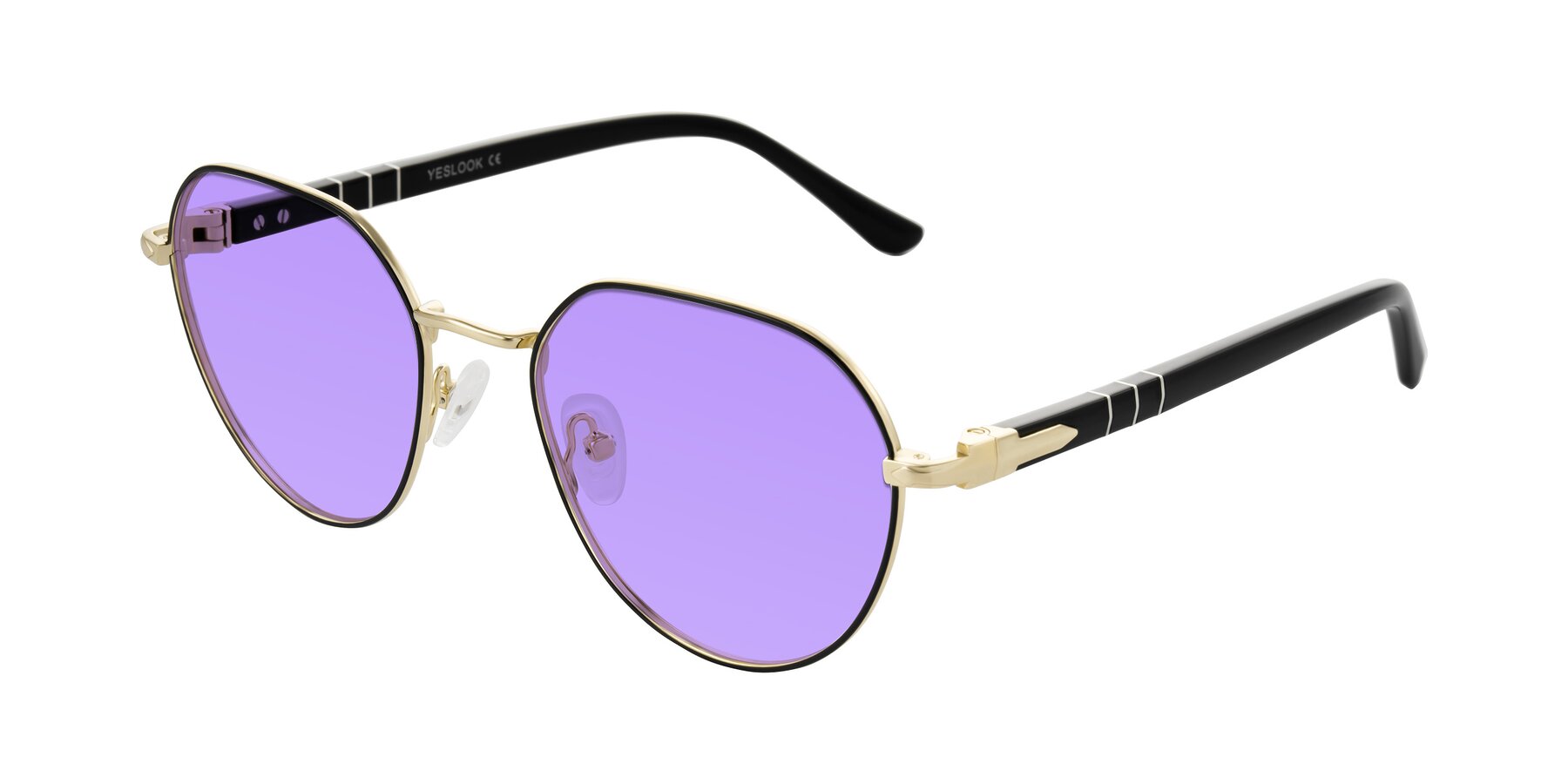 Angle of Qeenah in Black/Gold with Medium Purple Tinted Lenses