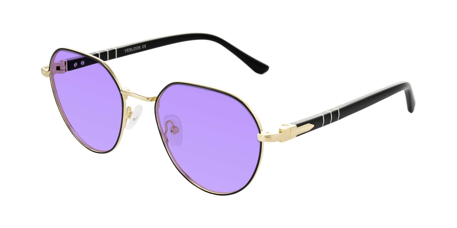 Angle of Qeenah in Black/Gold with Medium Purple Tinted Lenses