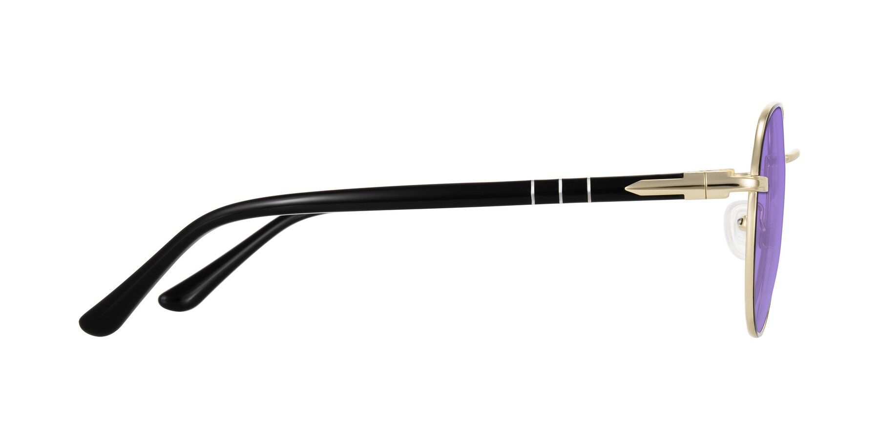 Side of Qeenah in Black/Gold with Medium Purple Tinted Lenses