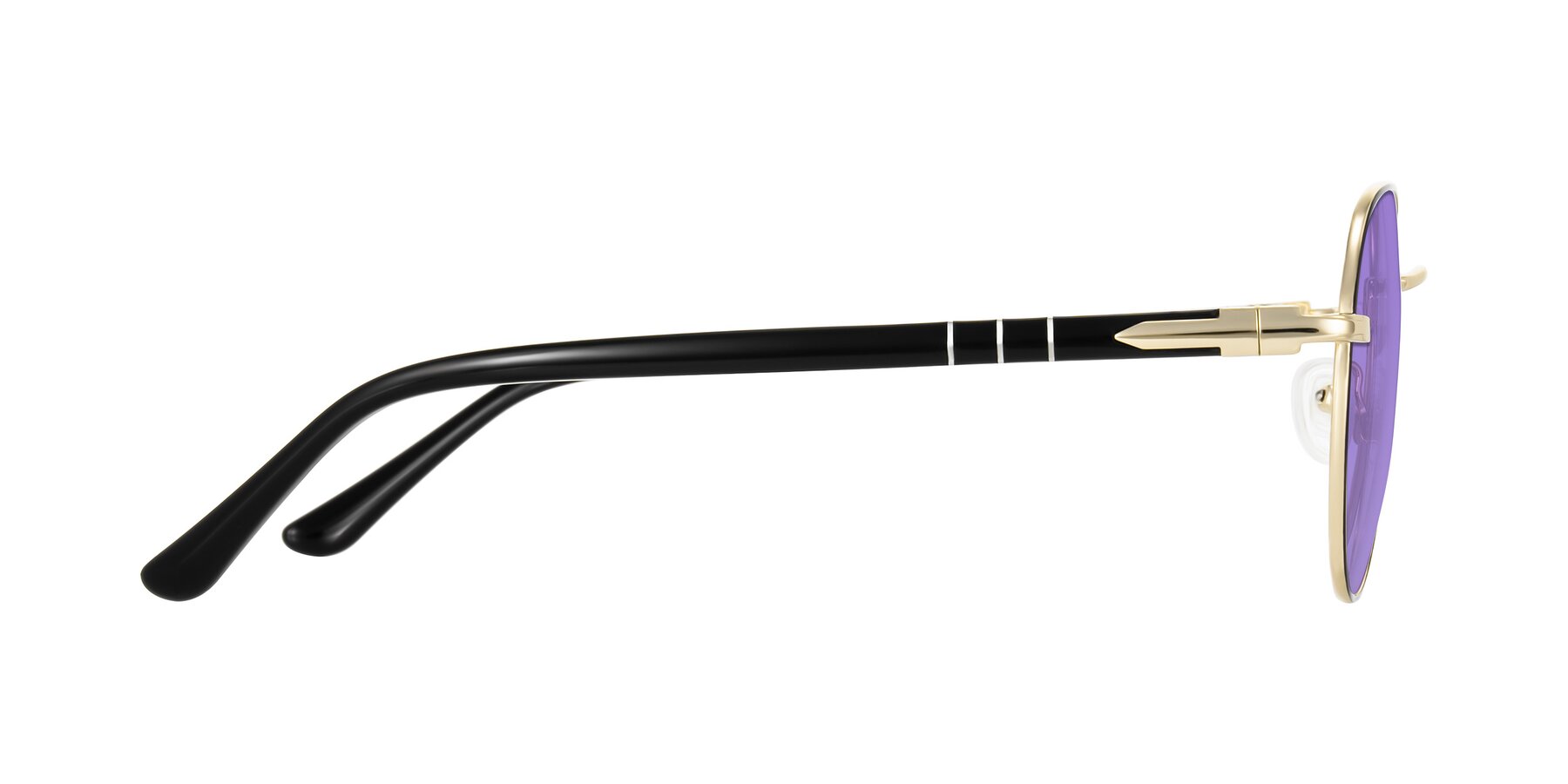 Side of Qeenah in Black/Gold with Medium Purple Tinted Lenses