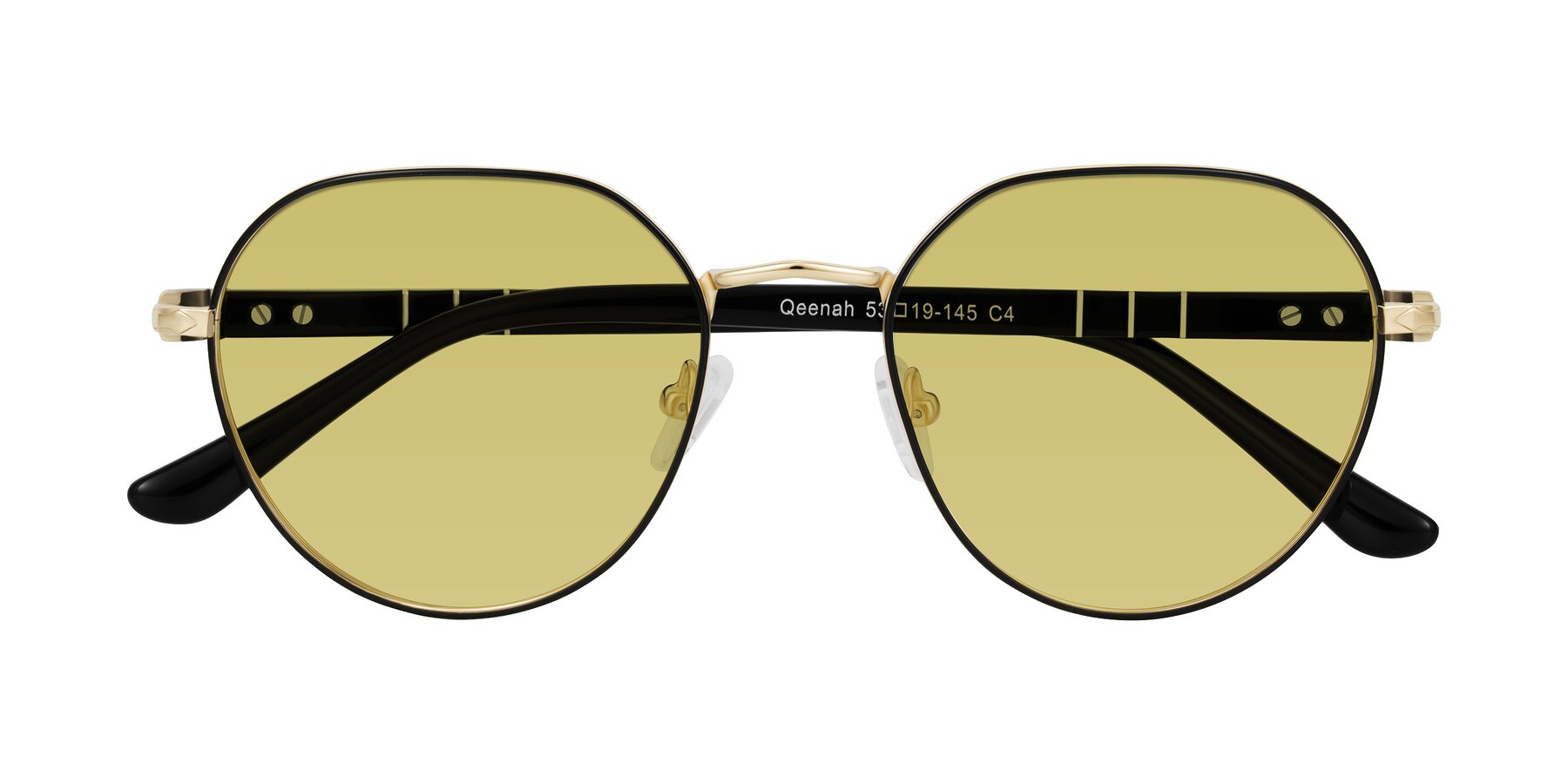 Folded Front of Qeenah in Black/Gold with Medium Champagne Tinted Lenses