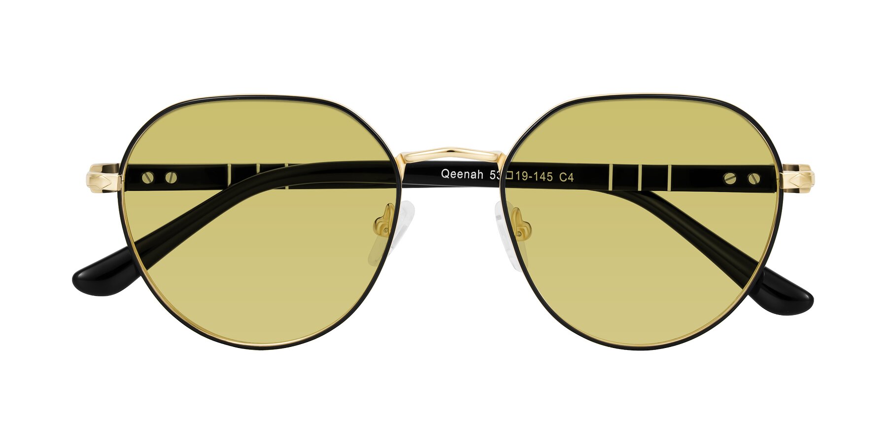 Folded Front of Qeenah in Black/Gold with Medium Champagne Tinted Lenses