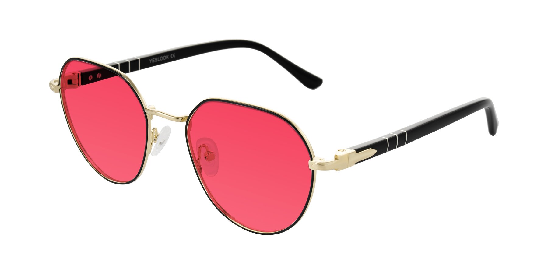 Angle of Qeenah in Black/Gold with Red Tinted Lenses