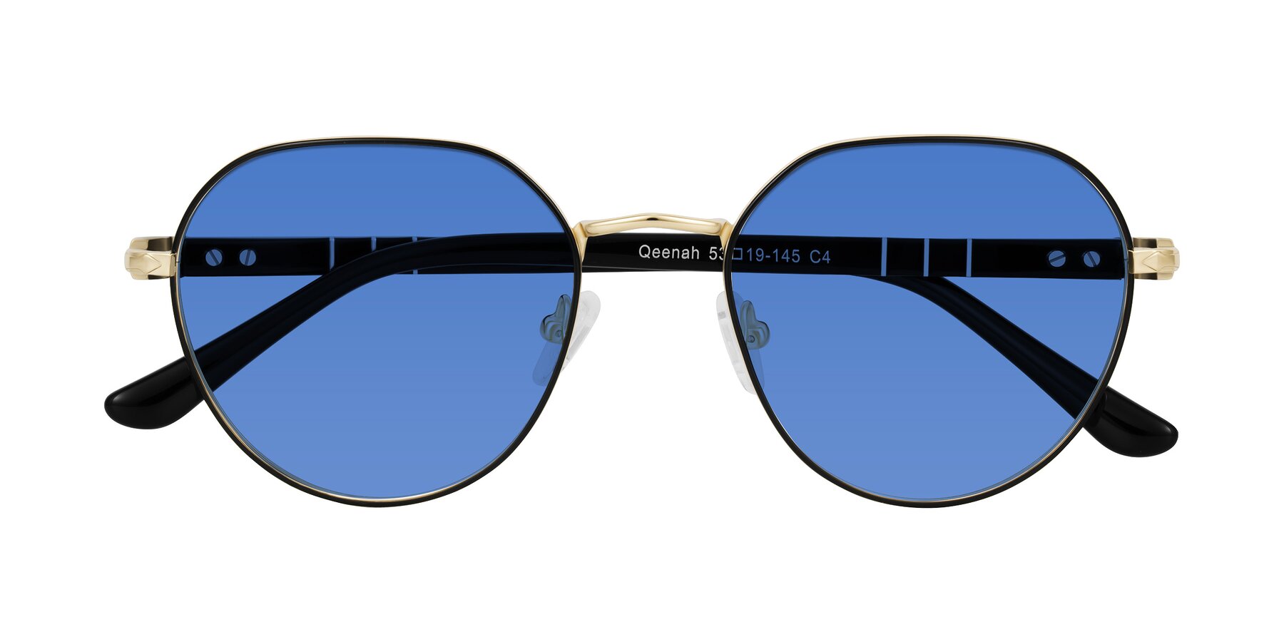 Folded Front of Qeenah in Black/Gold with Blue Tinted Lenses