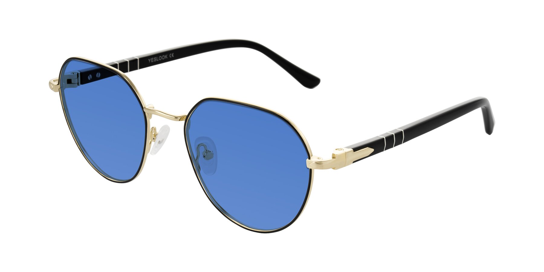 Angle of Qeenah in Black/Gold with Blue Tinted Lenses