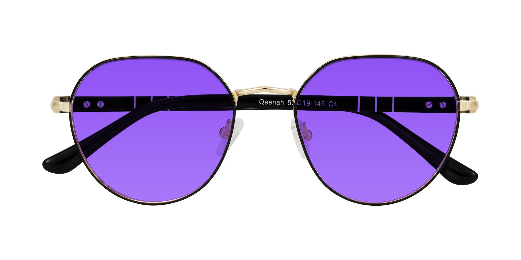 Folded Front of Qeenah in Black/Gold with Purple Tinted Lenses