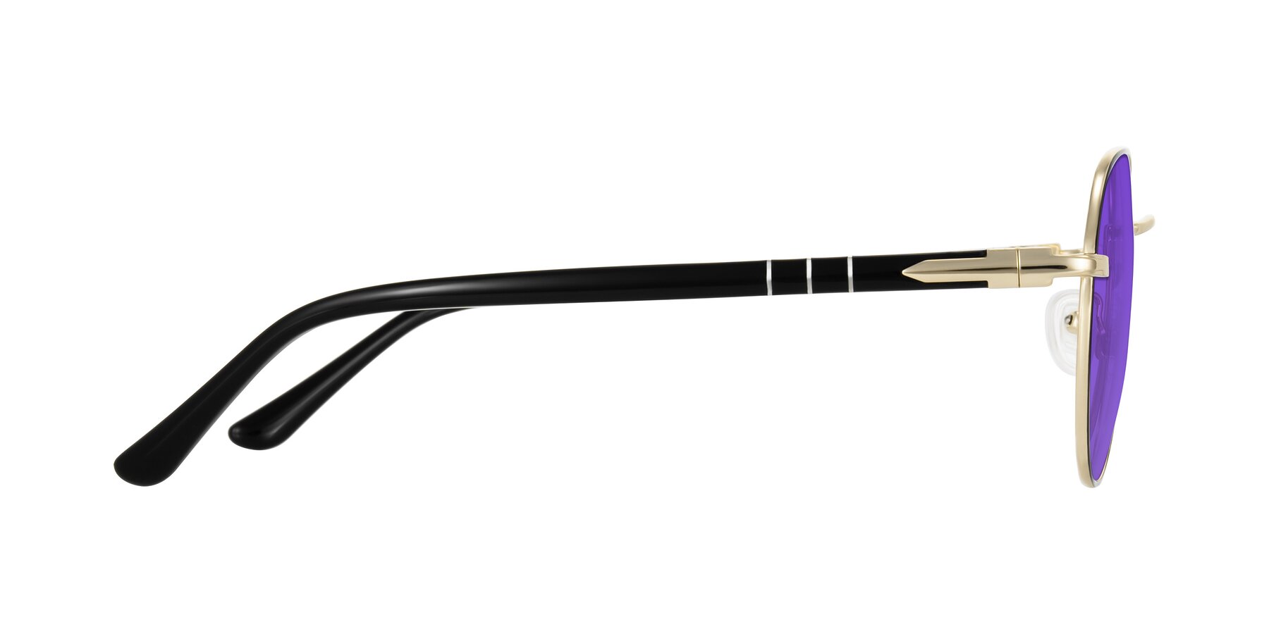 Side of Qeenah in Black/Gold with Purple Tinted Lenses