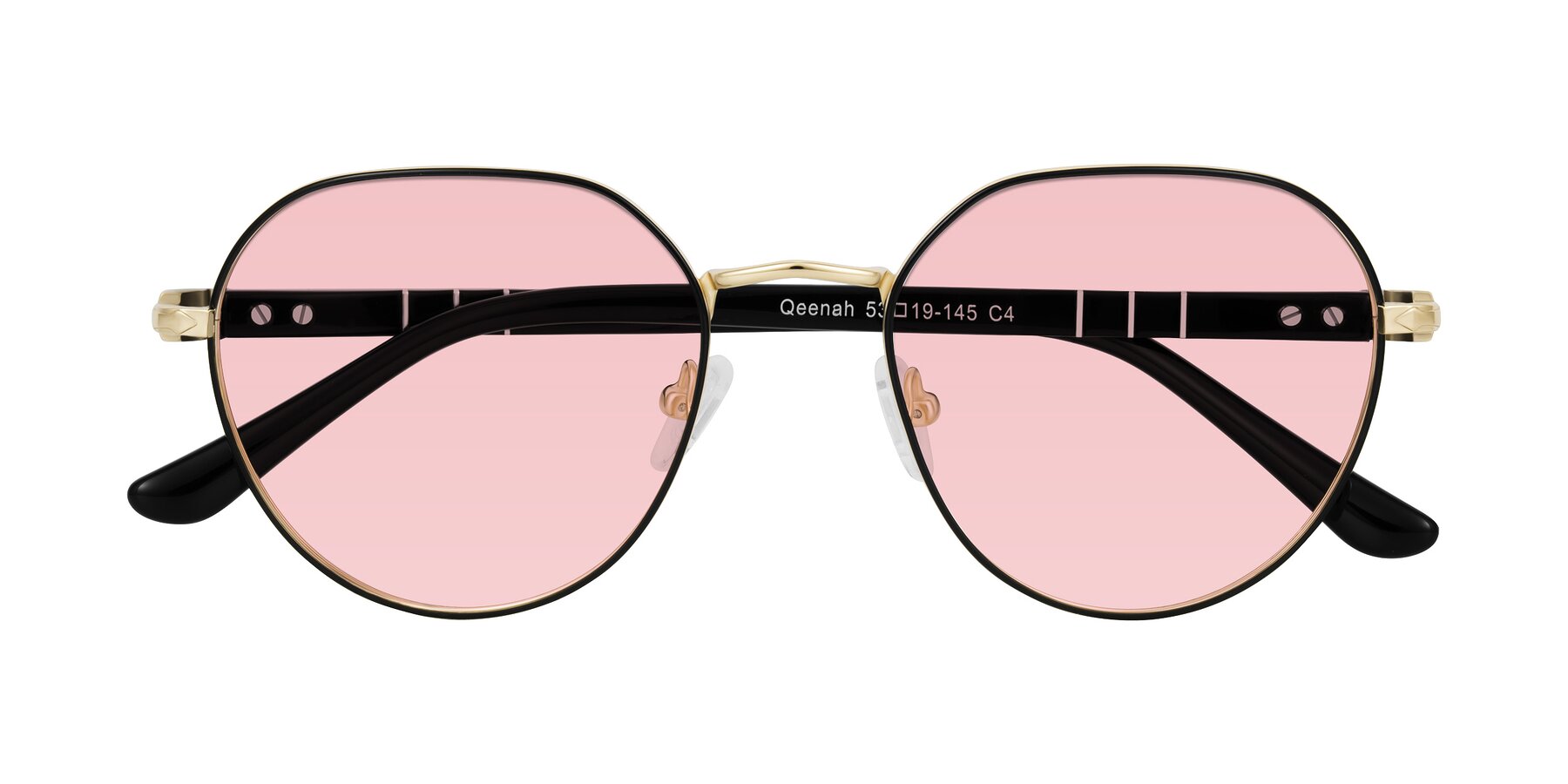 Folded Front of Qeenah in Black/Gold with Light Garnet Tinted Lenses
