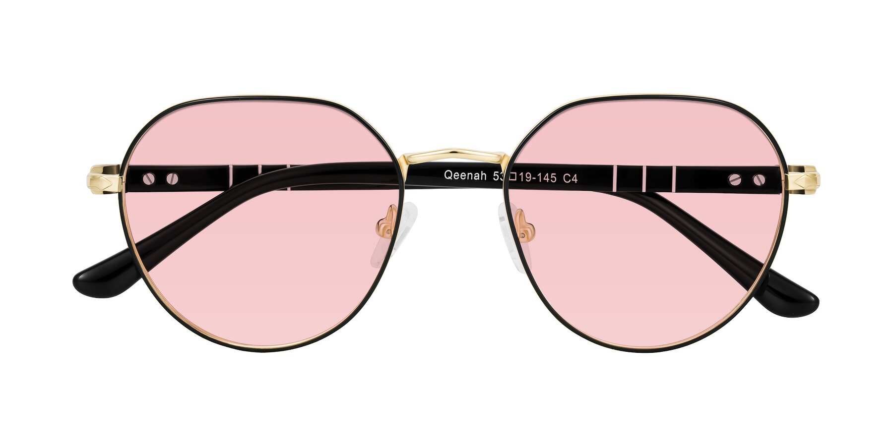 Folded Front of Qeenah in Black/Gold with Light Garnet Tinted Lenses
