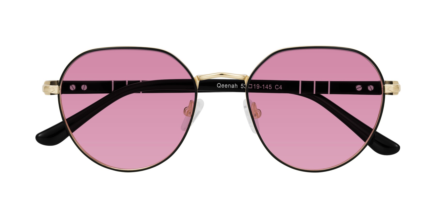 Folded Front of Qeenah in Black/Gold with Medium Wine Tinted Lenses