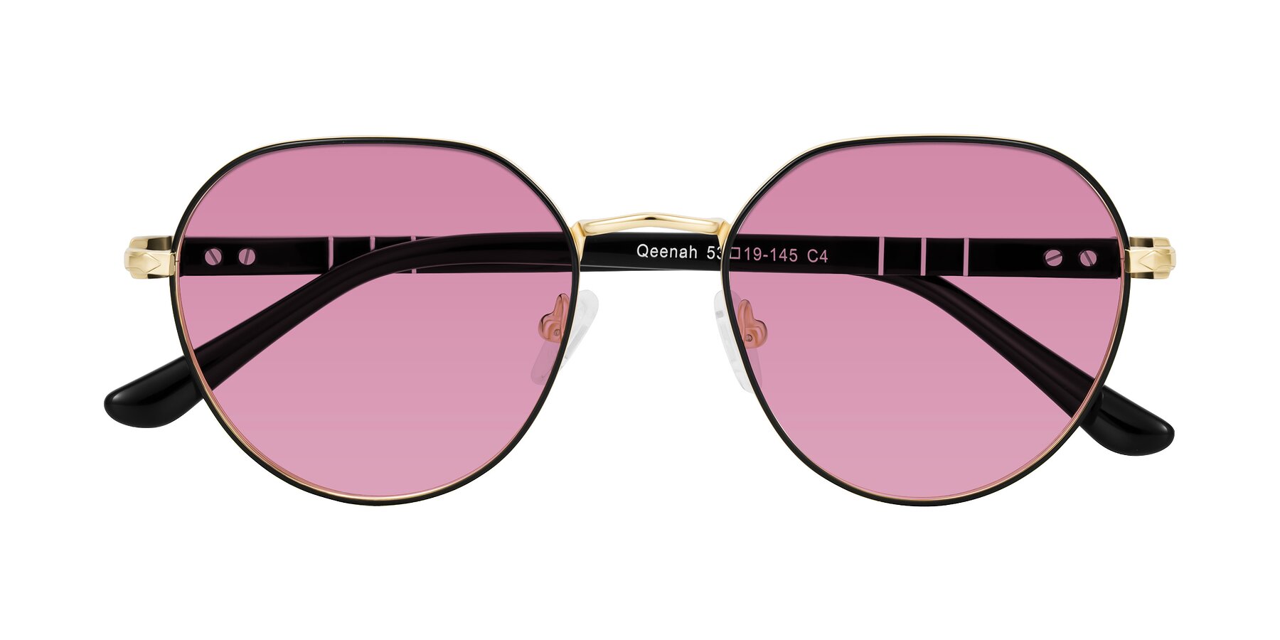 Folded Front of Qeenah in Black/Gold with Medium Wine Tinted Lenses