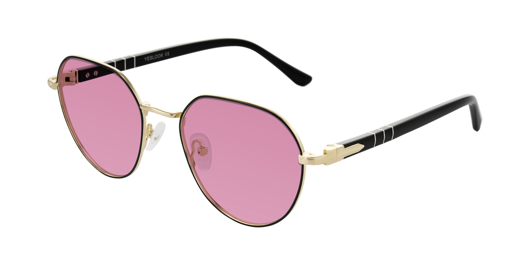 Angle of Qeenah in Black/Gold with Medium Wine Tinted Lenses