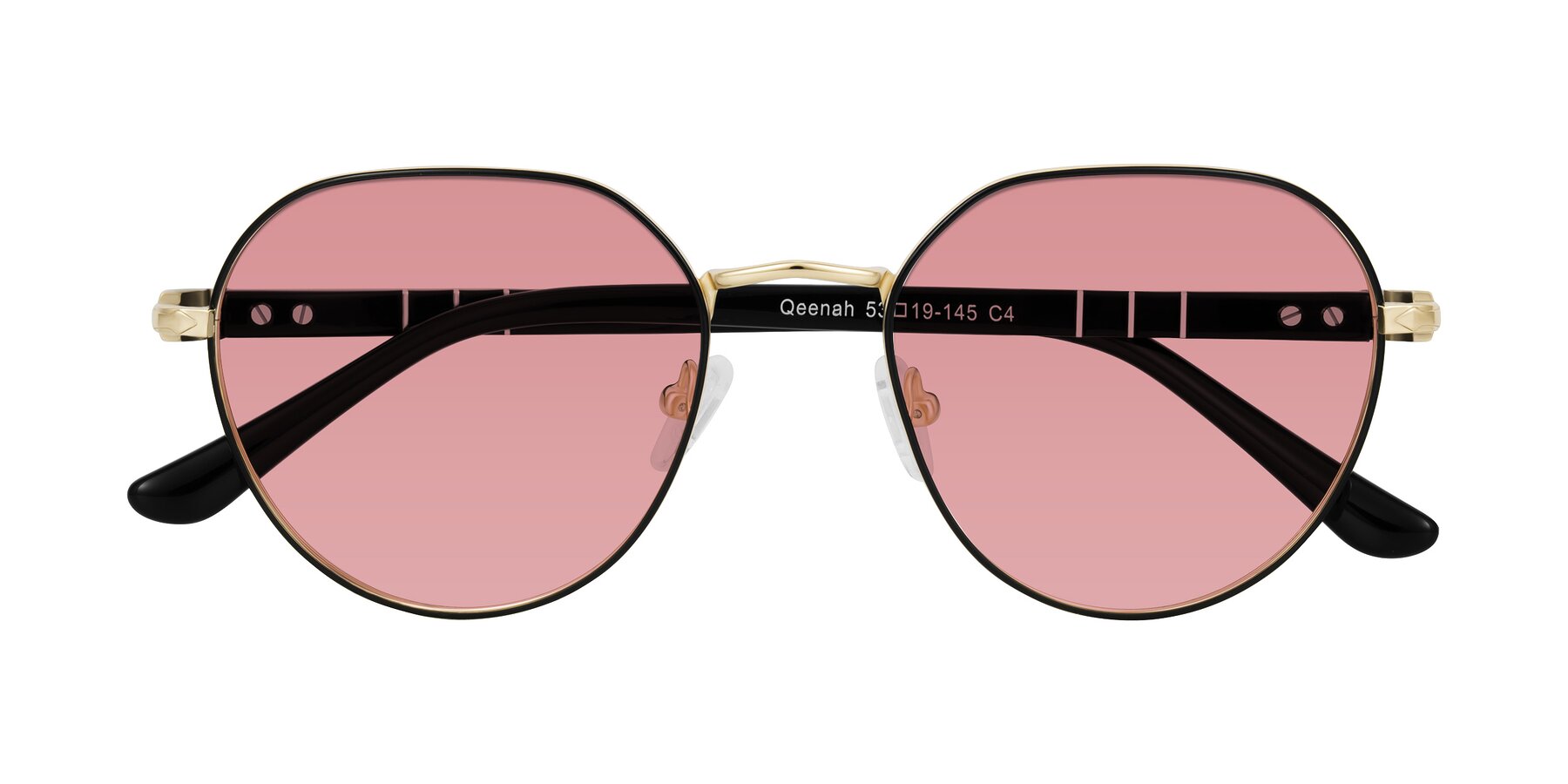Folded Front of Qeenah in Black/Gold with Medium Garnet Tinted Lenses