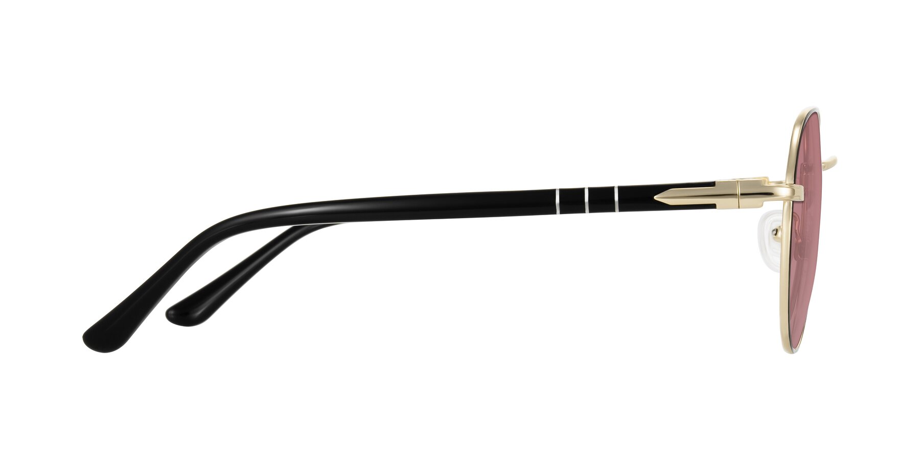 Side of Qeenah in Black/Gold with Medium Garnet Tinted Lenses