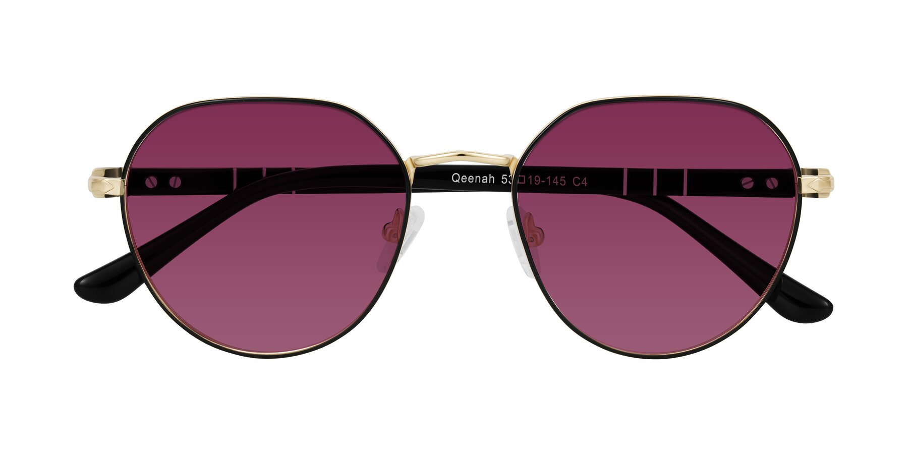 Folded Front of Qeenah in Black/Gold with Wine Tinted Lenses