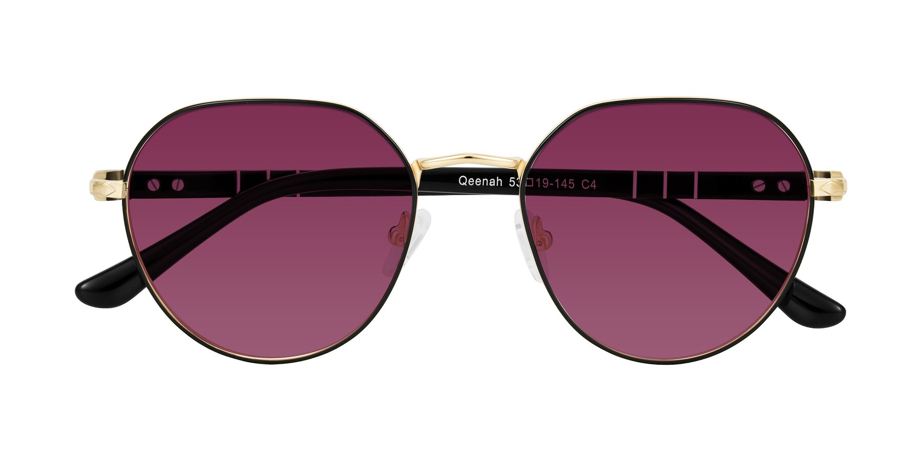 Folded Front of Qeenah in Black/Gold with Wine Tinted Lenses