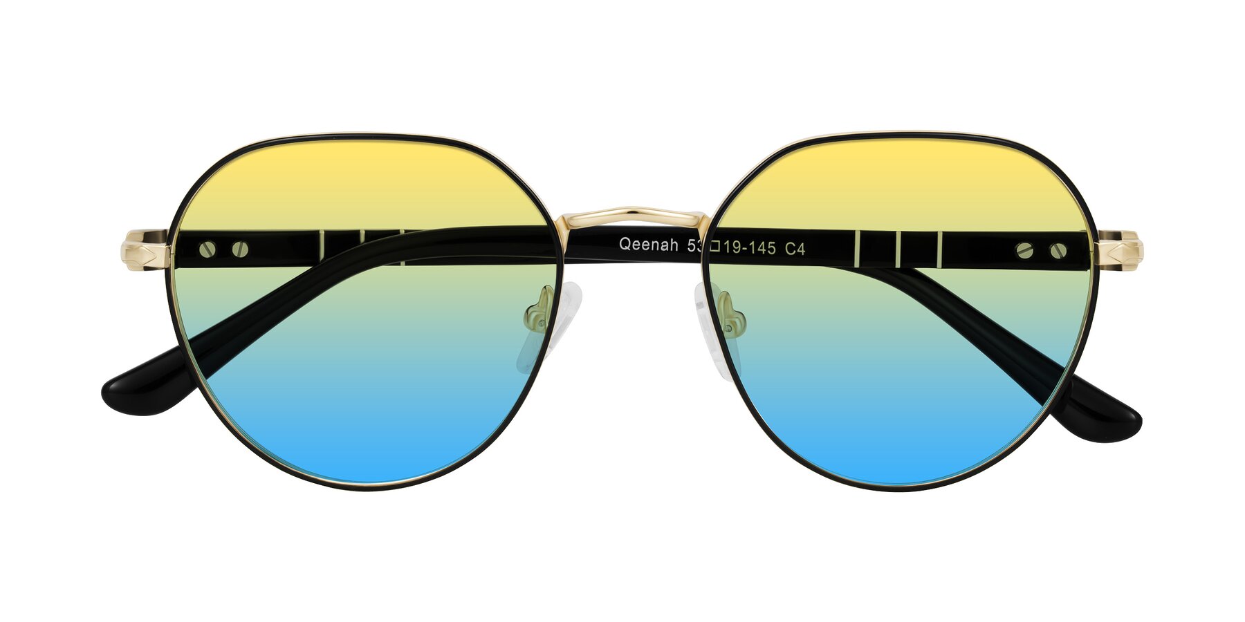 Folded Front of Qeenah in Black/Gold with Yellow / Blue Gradient Lenses