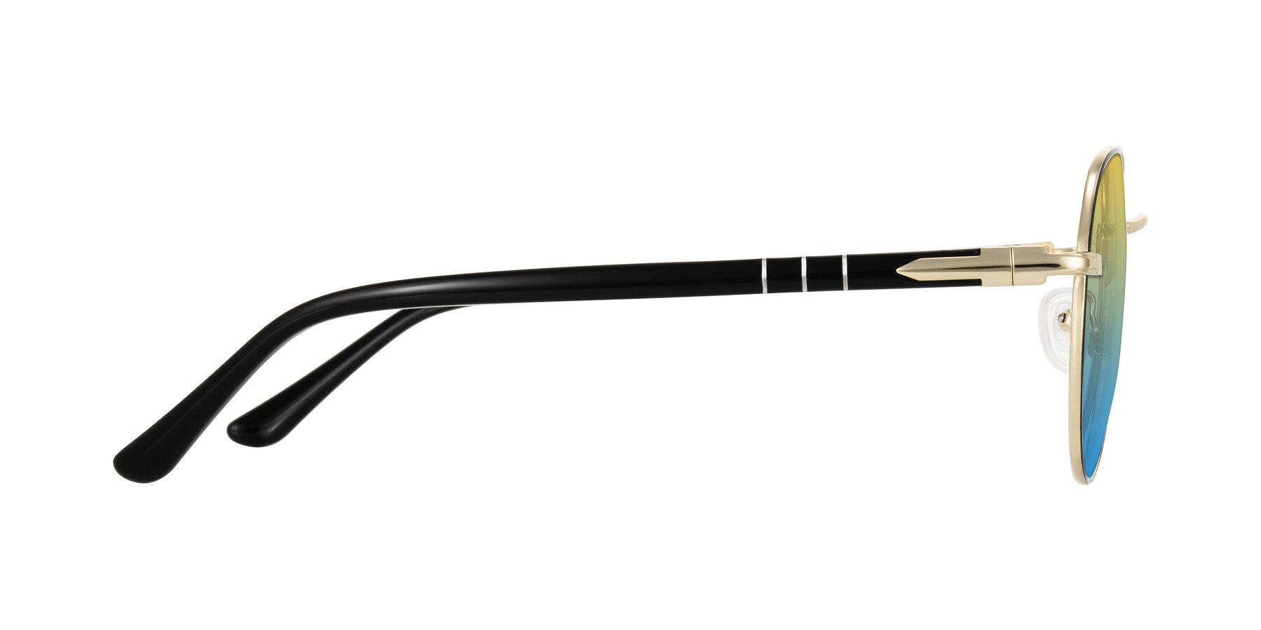 Side of Qeenah in Black/Gold with Yellow / Blue Gradient Lenses
