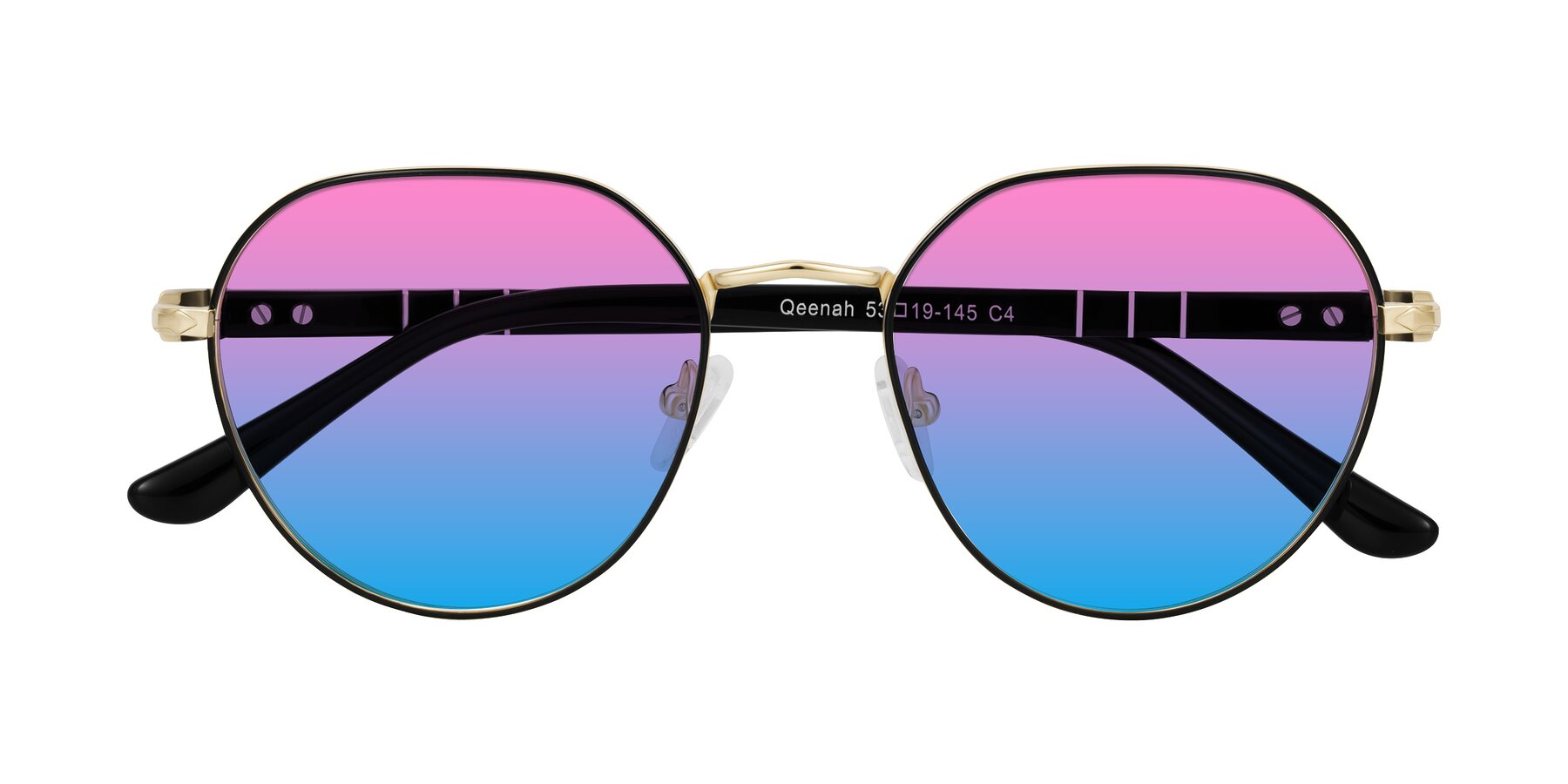 Folded Front of Qeenah in Black/Gold with Pink / Blue Gradient Lenses