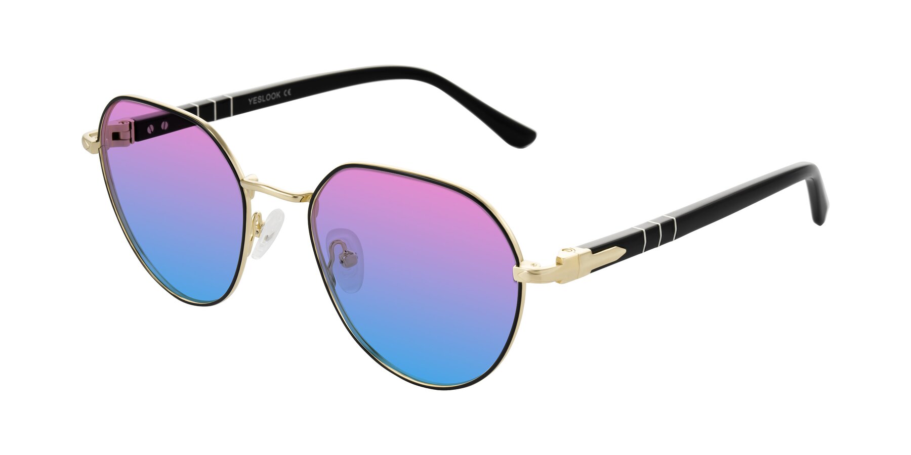 Angle of Qeenah in Black/Gold with Pink / Blue Gradient Lenses