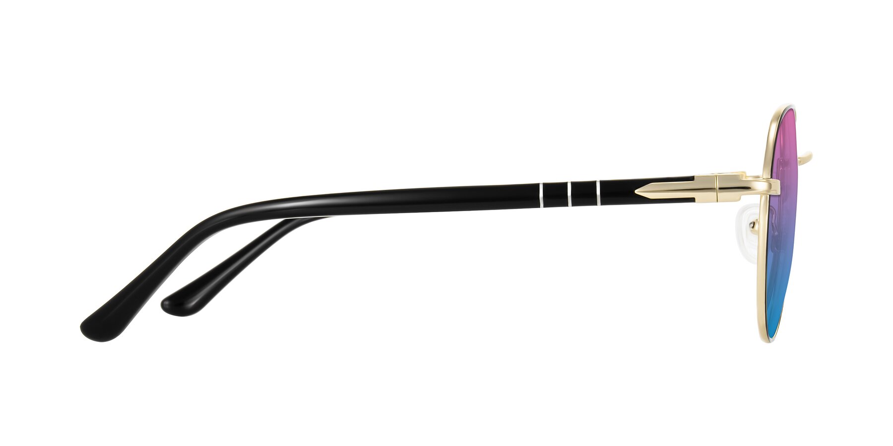 Side of Qeenah in Black/Gold with Pink / Blue Gradient Lenses