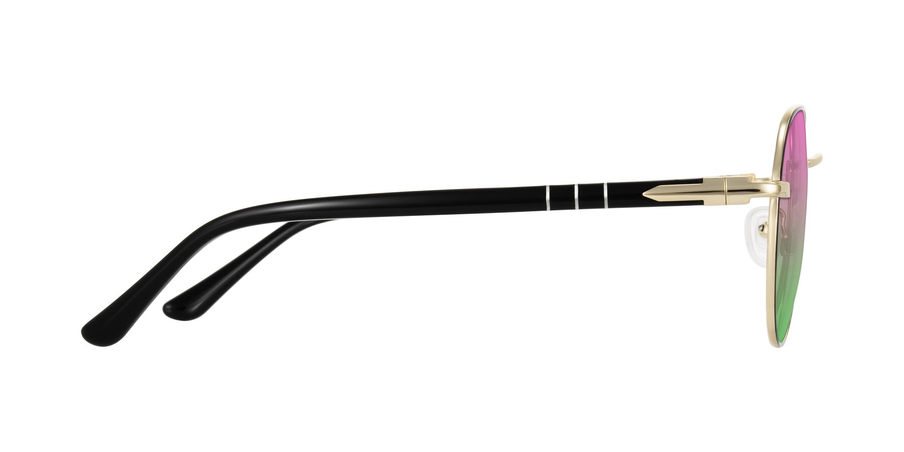 Side of Qeenah in Black/Gold with Pink / Green Gradient Lenses
