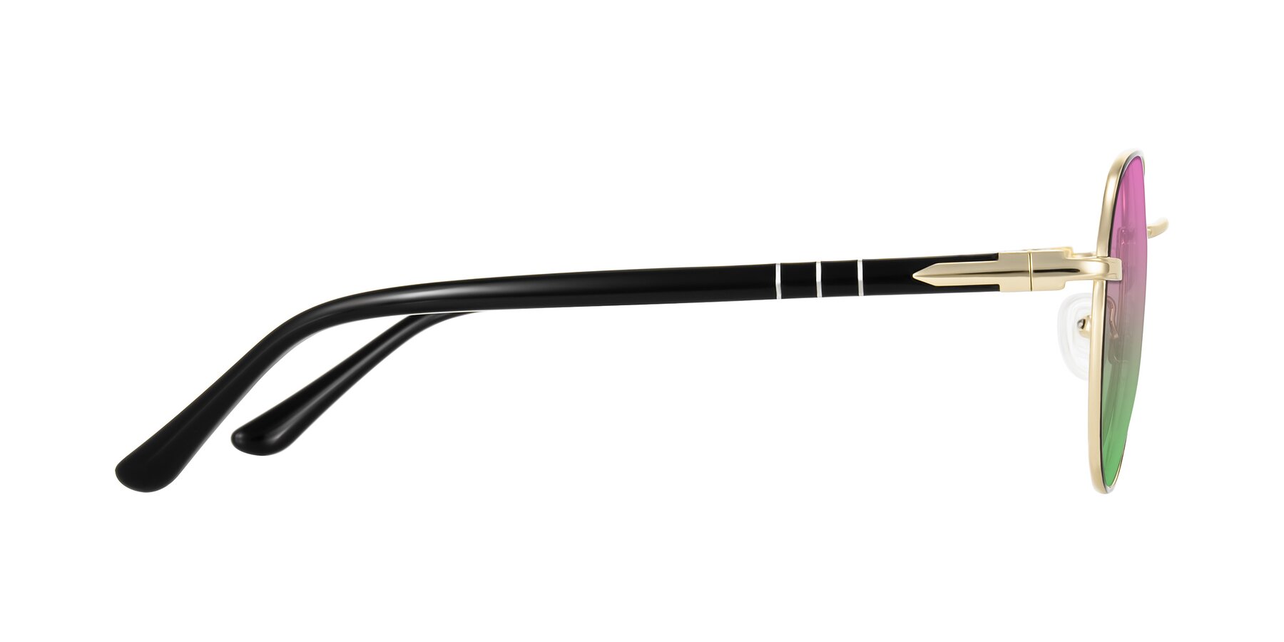 Side of Qeenah in Black/Gold with Pink / Green Gradient Lenses