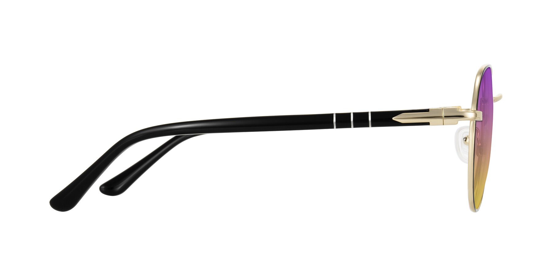Side of Qeenah in Black/Gold with Purple / Yellow Gradient Lenses