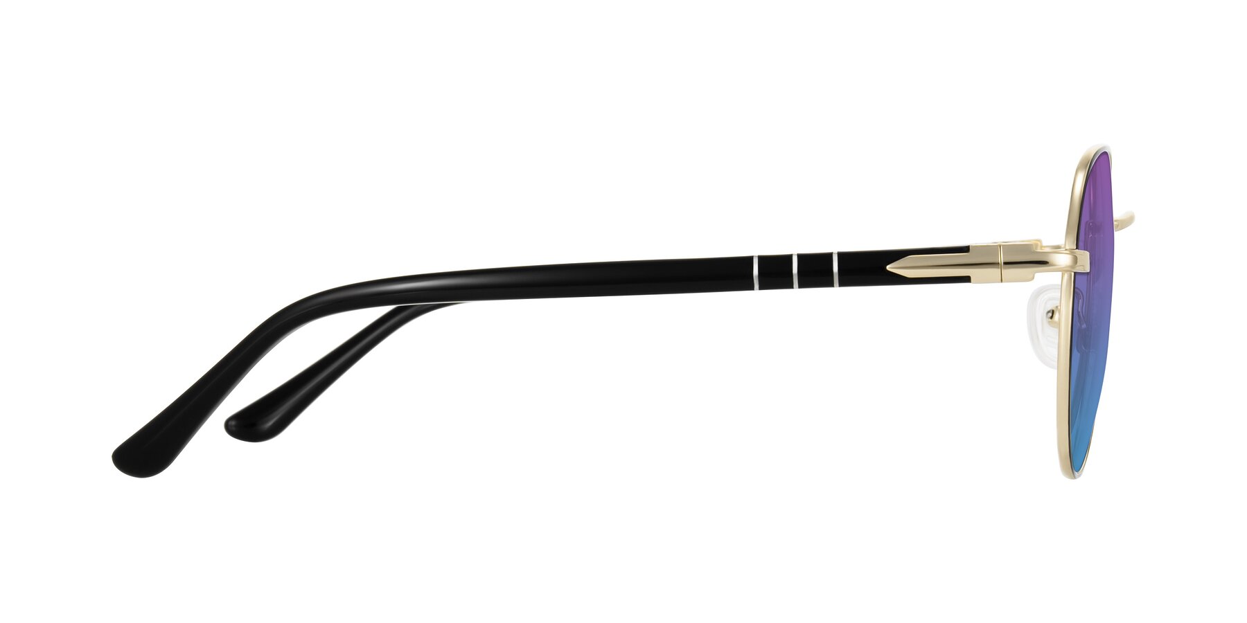 Side of Qeenah in Black/Gold with Purple / Blue Gradient Lenses