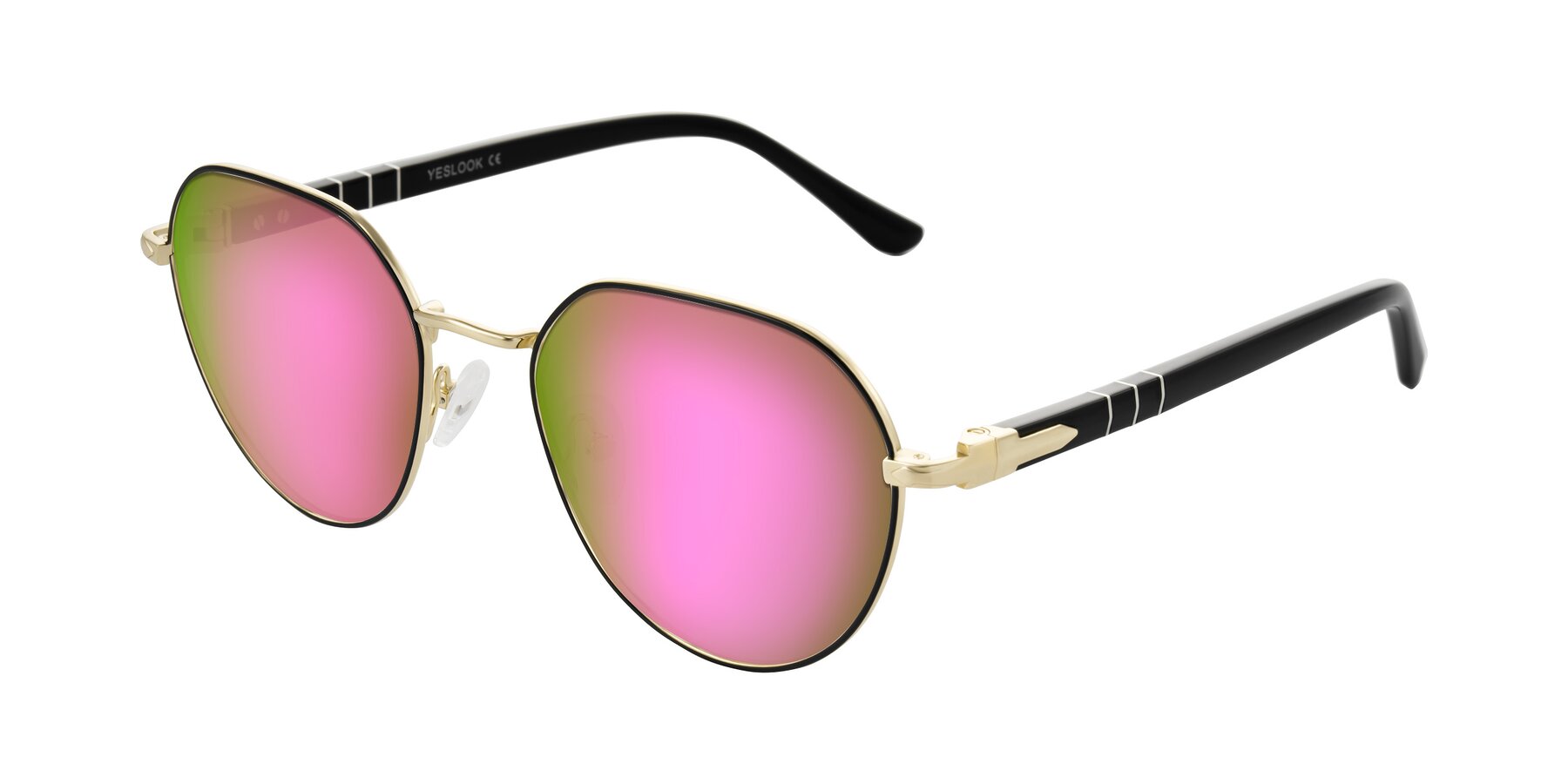Angle of Qeenah in Black/Gold with Pink Mirrored Lenses