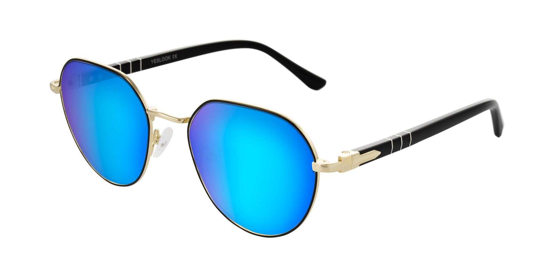 Angle of Qeenah in Black/Gold with Blue Mirrored Lenses