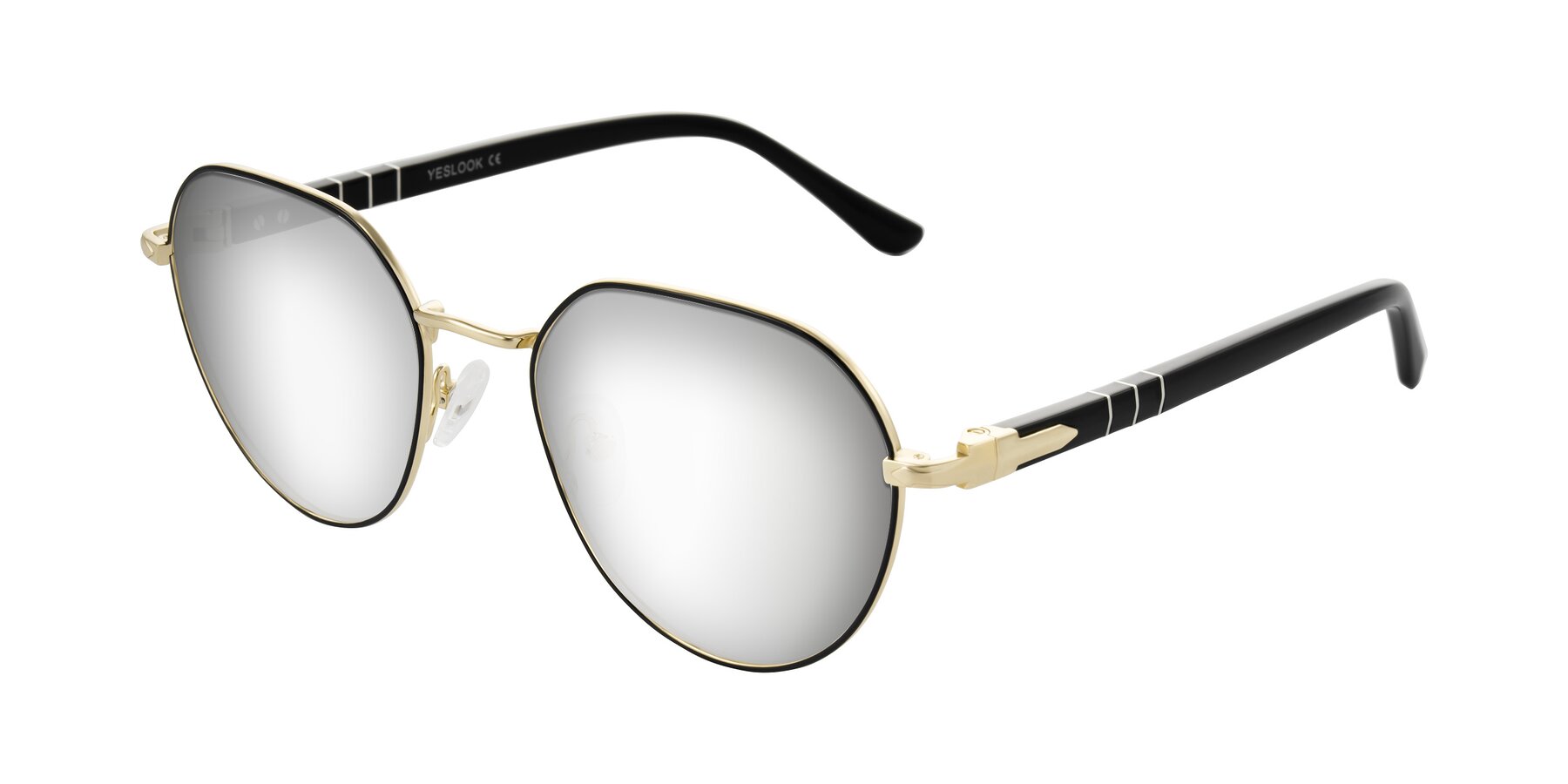 Angle of Qeenah in Black/Gold with Silver Mirrored Lenses