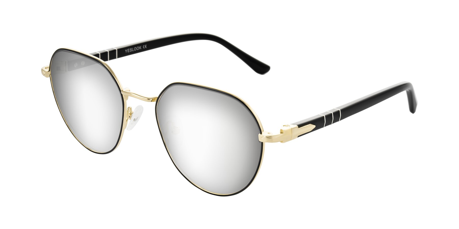 Angle of Qeenah in Black/Gold with Silver Mirrored Lenses