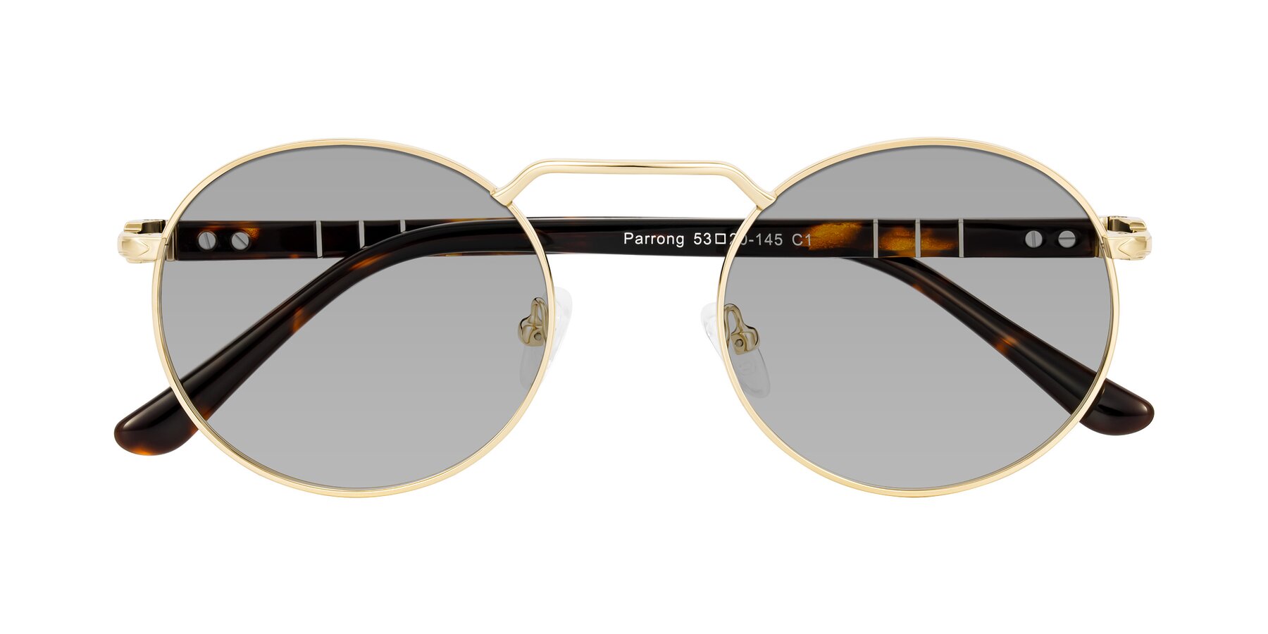 Folded Front of Parrong in Gold with Light Gray Tinted Lenses