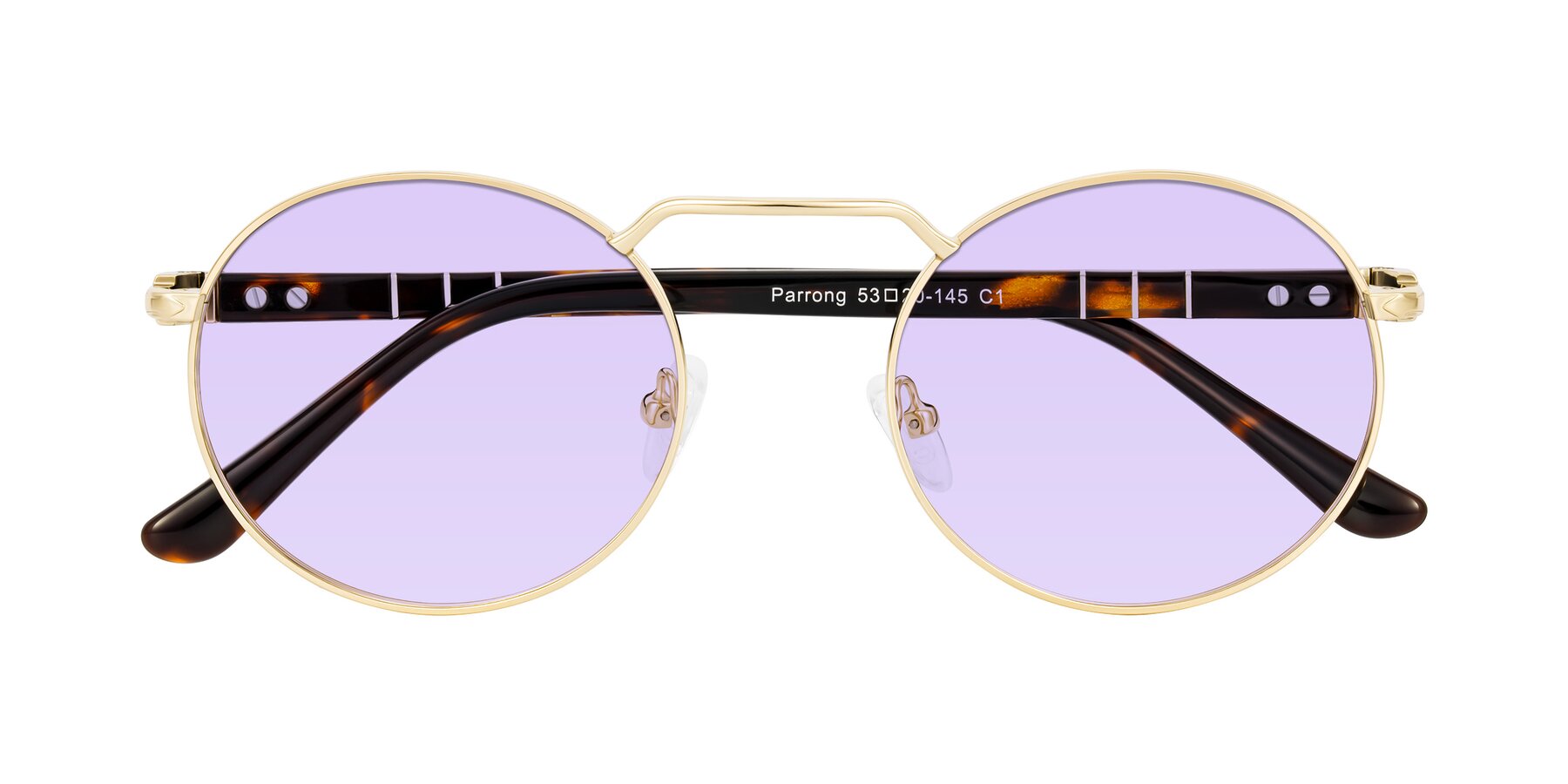 Folded Front of Parrong in Gold with Light Purple Tinted Lenses