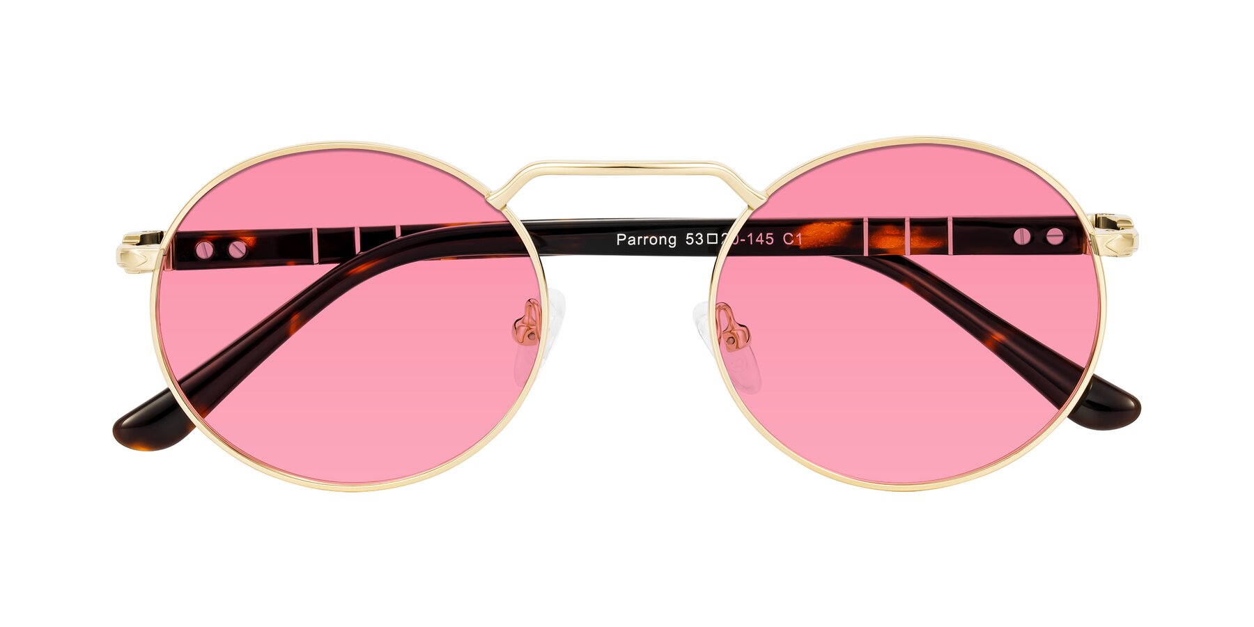 Folded Front of Parrong in Gold with Pink Tinted Lenses