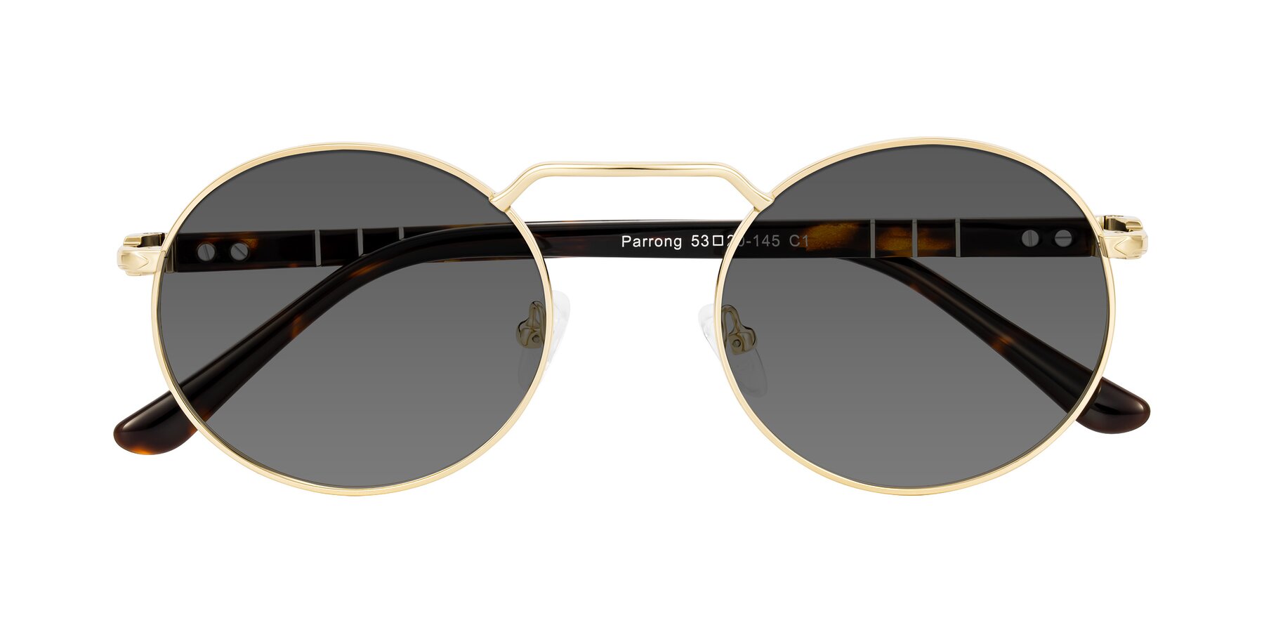 Folded Front of Parrong in Gold with Medium Gray Tinted Lenses
