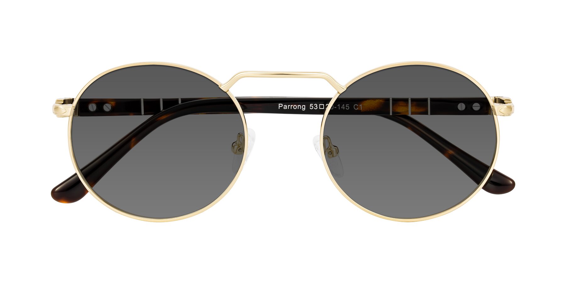 Folded Front of Parrong in Gold with Medium Gray Tinted Lenses