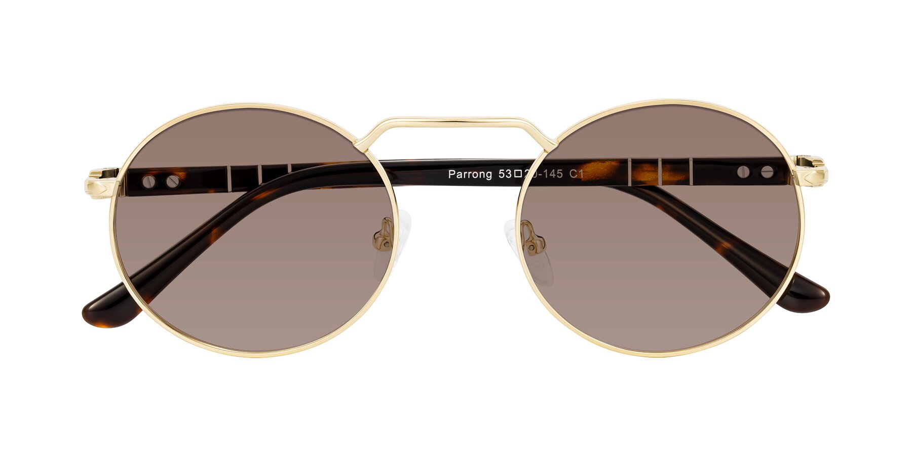 Folded Front of Parrong in Gold with Medium Brown Tinted Lenses