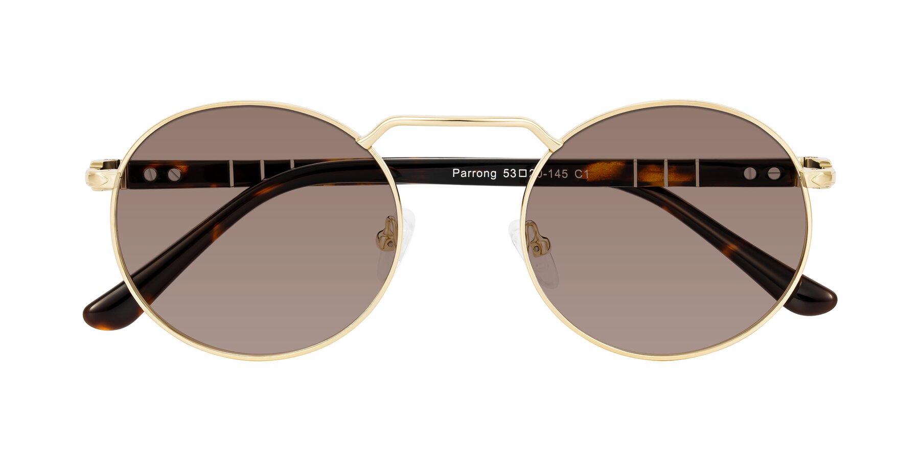 Folded Front of Parrong in Gold with Medium Brown Tinted Lenses