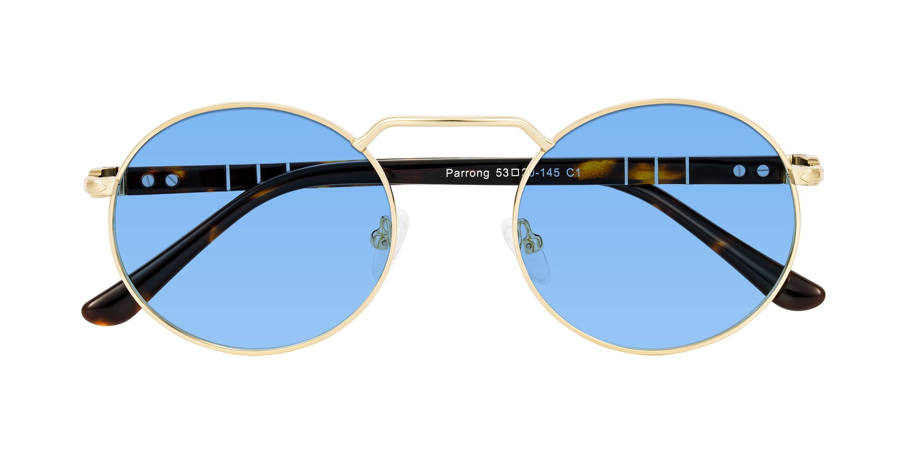Folded Front of Parrong in Gold with Medium Blue Tinted Lenses