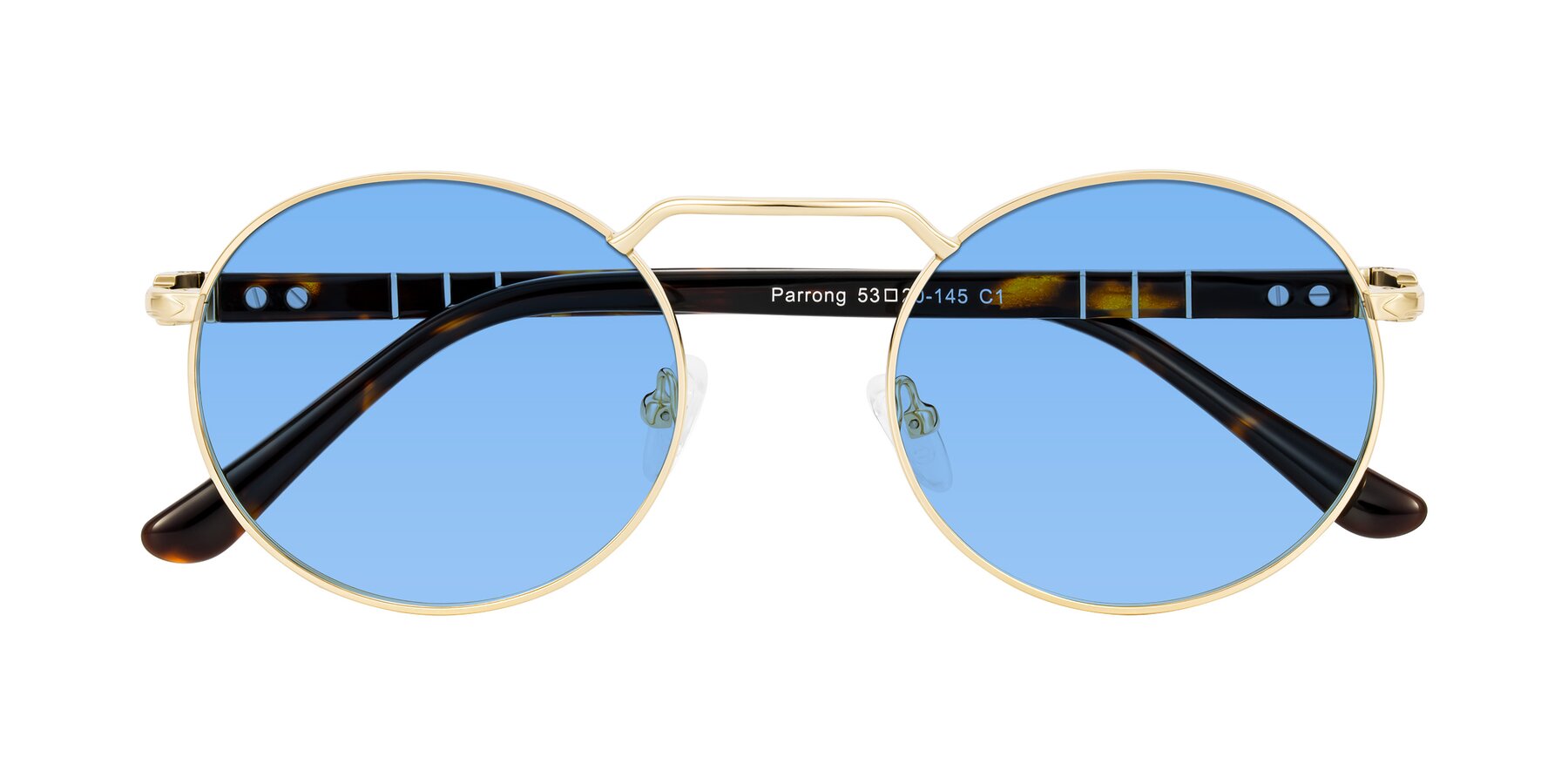 Folded Front of Parrong in Gold with Medium Blue Tinted Lenses