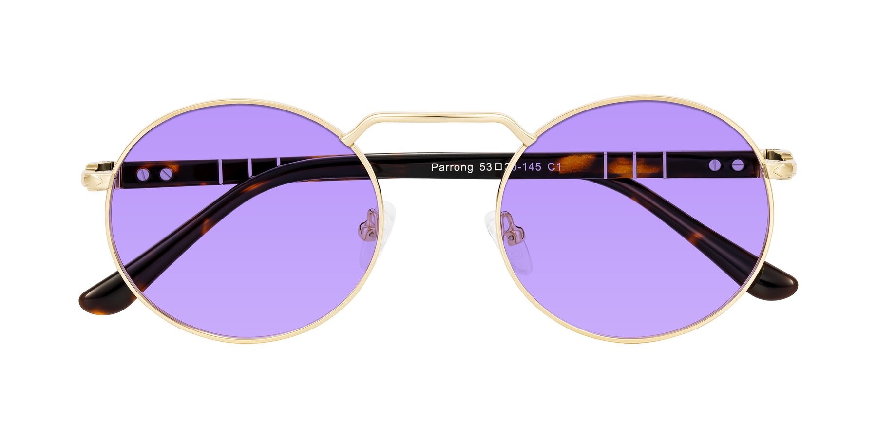 Folded Front of Parrong in Gold with Medium Purple Tinted Lenses
