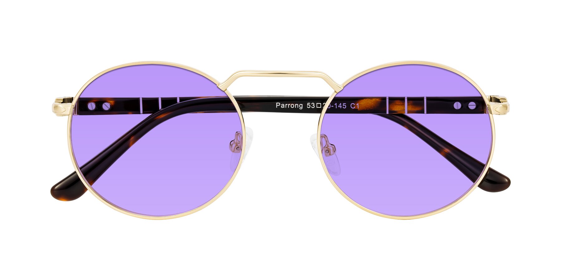 Folded Front of Parrong in Gold with Medium Purple Tinted Lenses